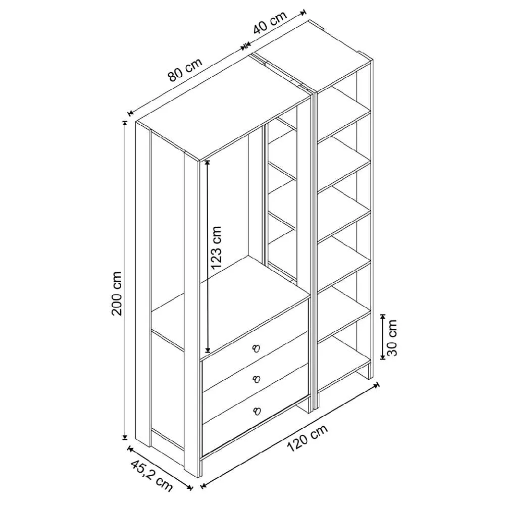 Guarda Roupa Nova Mobile EY101-104.058 Closet Aberto com 3 Gavetas Grafite intenso SE