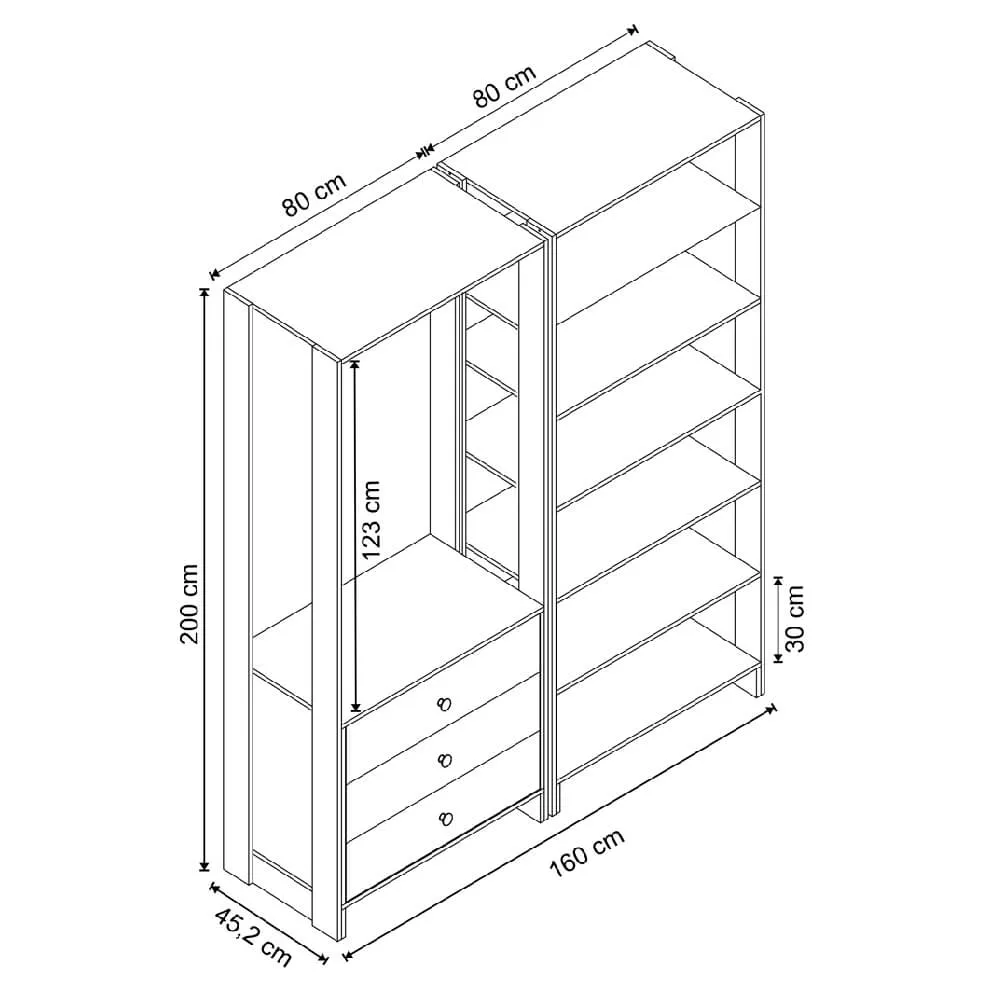 Guarda Roupa Nova Mobile EY102-103.038 Closet Aberto com 3 Gavetas Branco SE