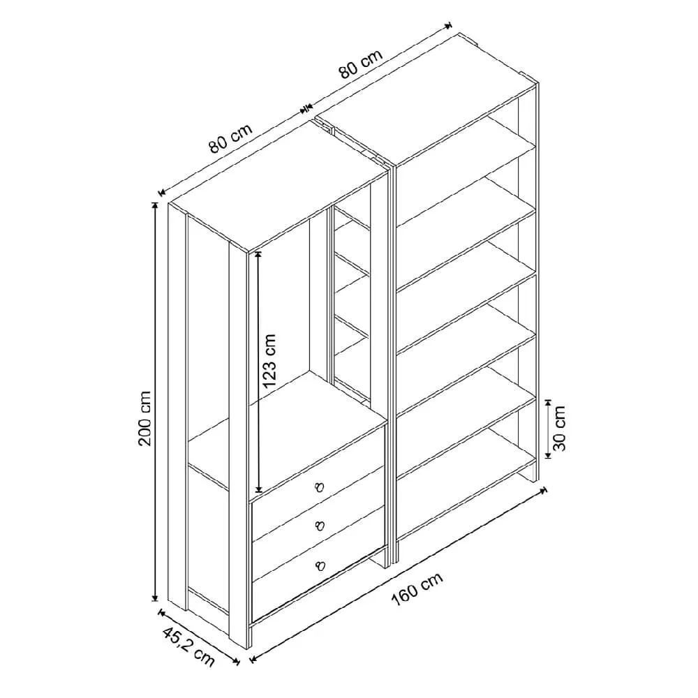 Guarda Roupa Nova Mobile EY102-103.057 Closet Aberto com 3 Gavetas Montana SE