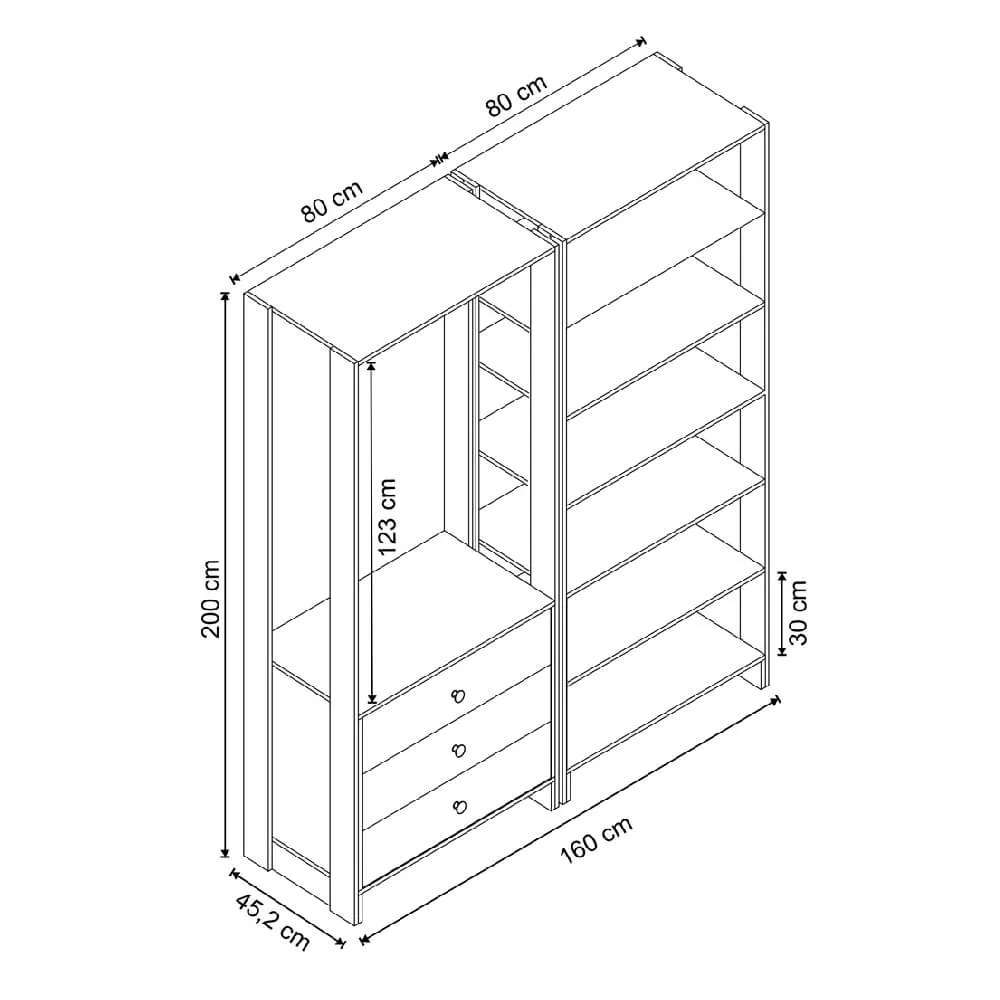 Guarda Roupa Nova Mobile EY102-103.058 Closet Aberto com 3 Gavetas Grafite intenso SE