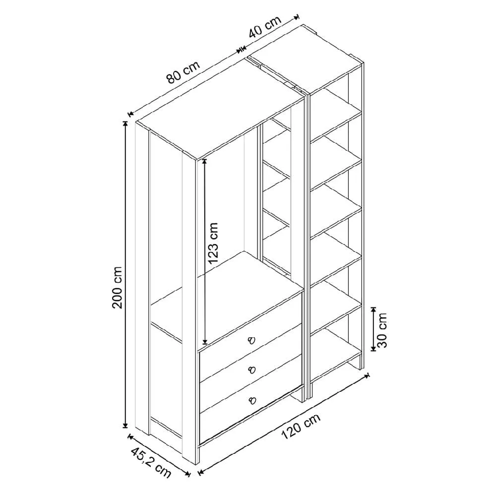 Guarda Roupa Nova Mobile EY102-104.057 Closet Aberto com 3 Gavetas Montana SE