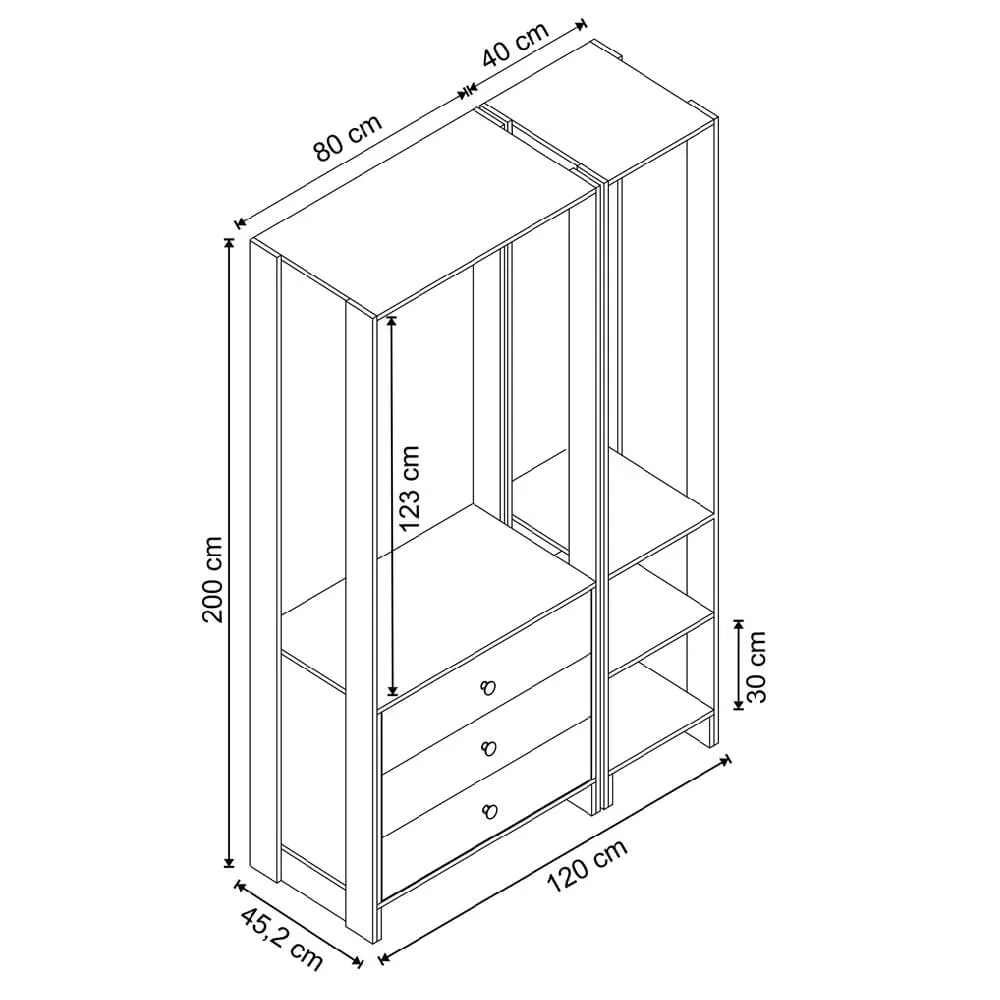 Guarda Roupa Nova Mobile EY102-105.058 Closet Aberto com 3 Gavetas Grafite intenso SE