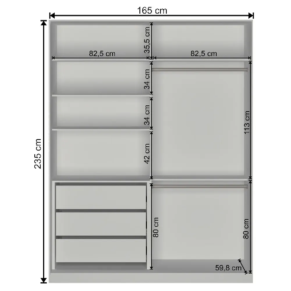 Guarda Roupa 2 Portas de Correr Nova Mobile RC2002.23.23.1E com 3 Gavetas Branco SE