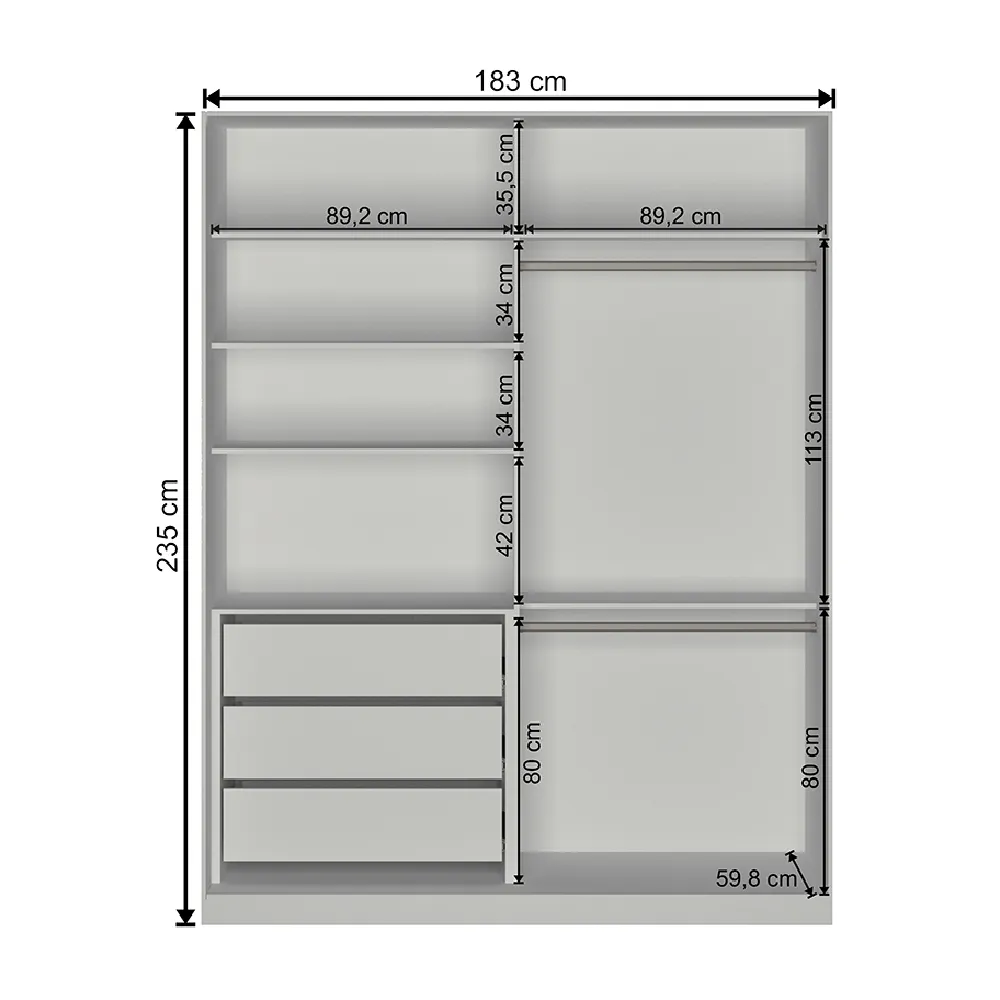 Guarda Roupa 2 Portas de Correr Nova Mobile RC2003.23.23.1E com 3 Gavetas Branco SE