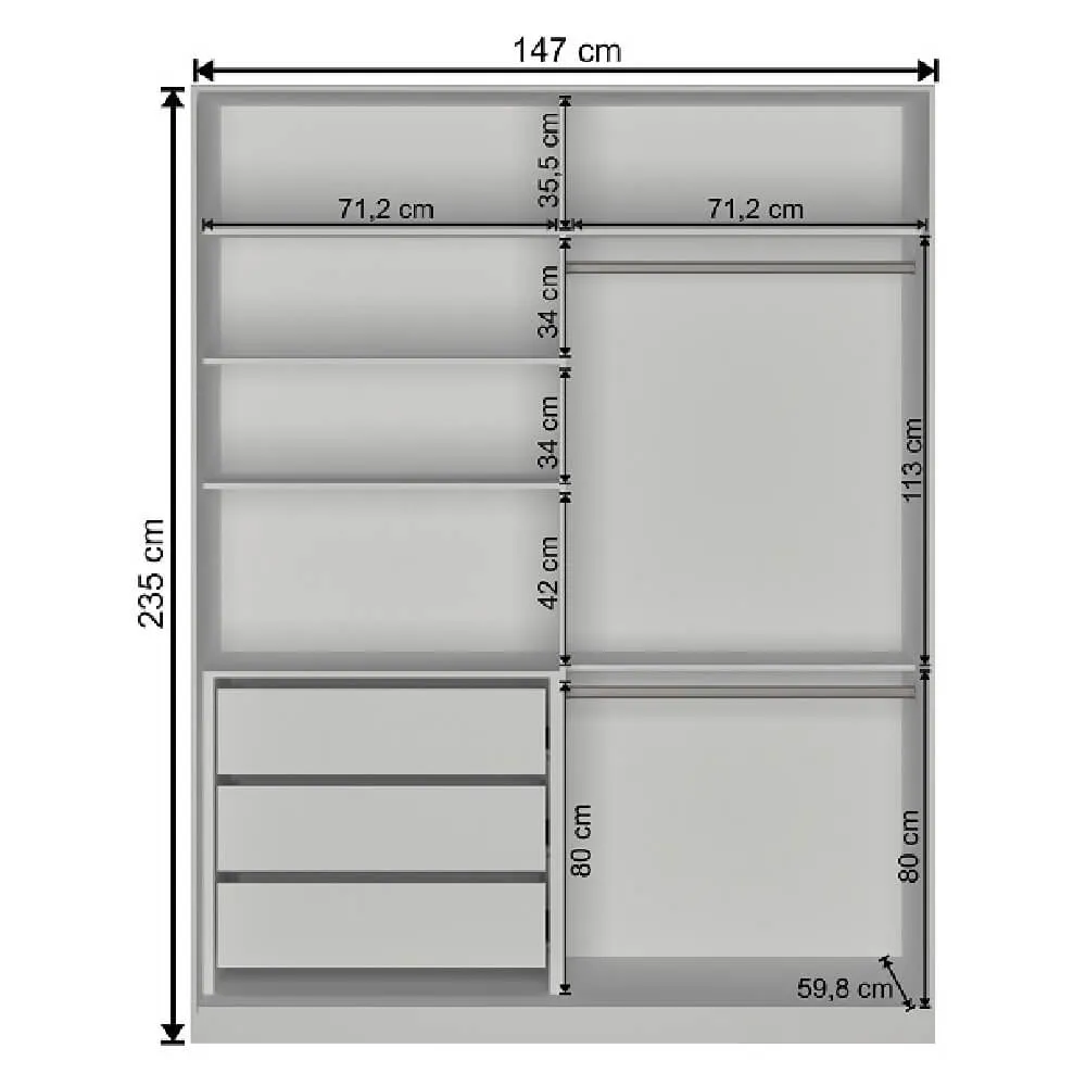 Guarda Roupa 2 Portas de Correr Nova Mobile RC2004.23.23.1E com 3 Gavetas Branco SE