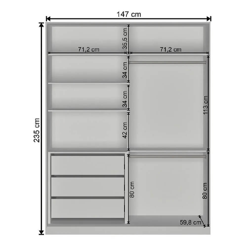 Guarda Roupa 2 Portas de Correr Nova Mobile RC2004.23.23.2M com 3 Gavetas Branco SE