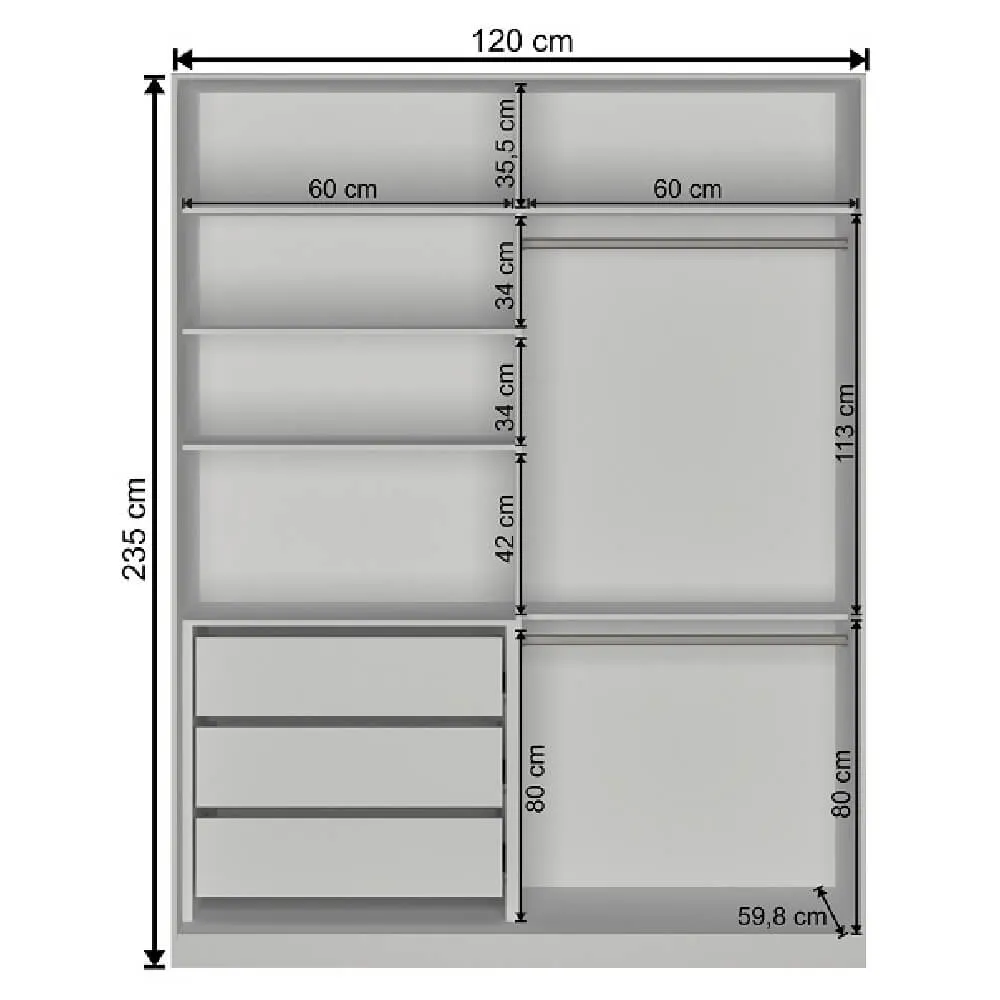 Guarda Roupa 2 Portas de Correr Nova Mobile RC2005.23.23.1E com 3 Gavetas Branco SE