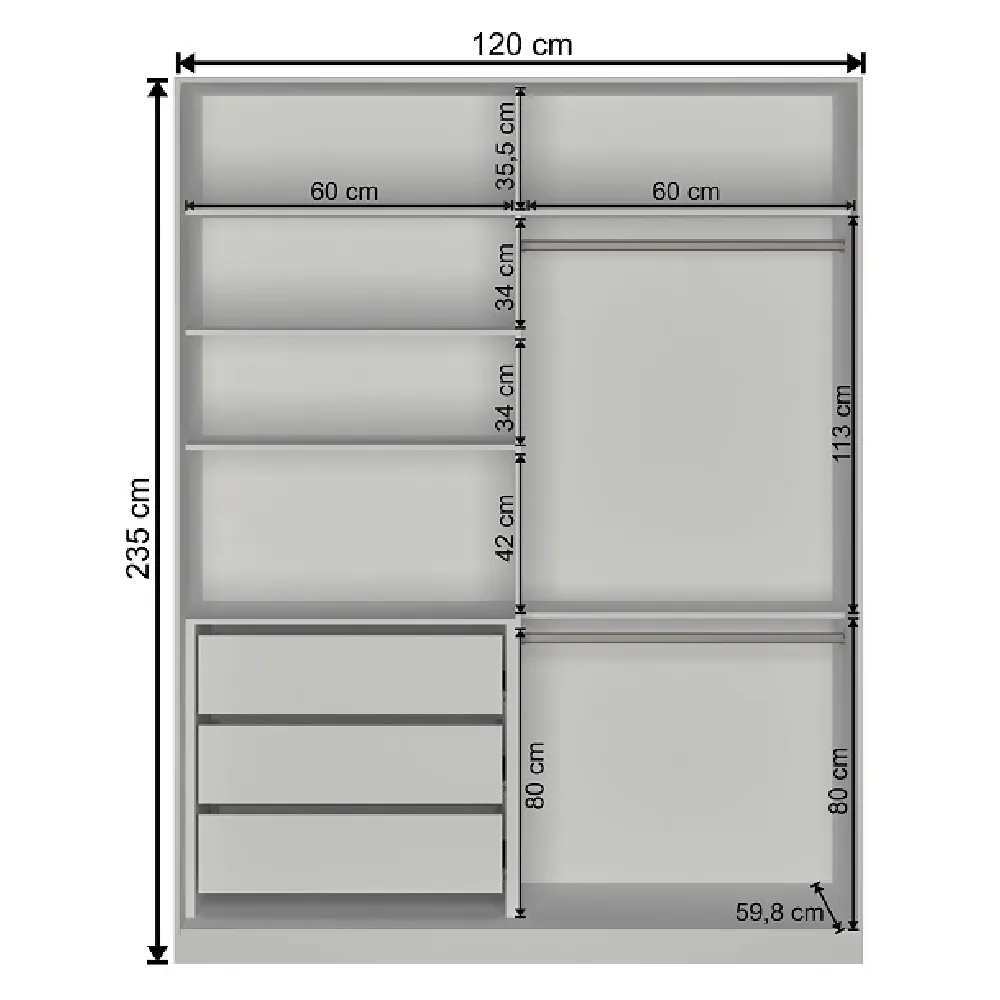 Guarda Roupa 2 Portas de Correr Nova Mobile RC2005.23.23.2M com 3 Gavetas Branco SE