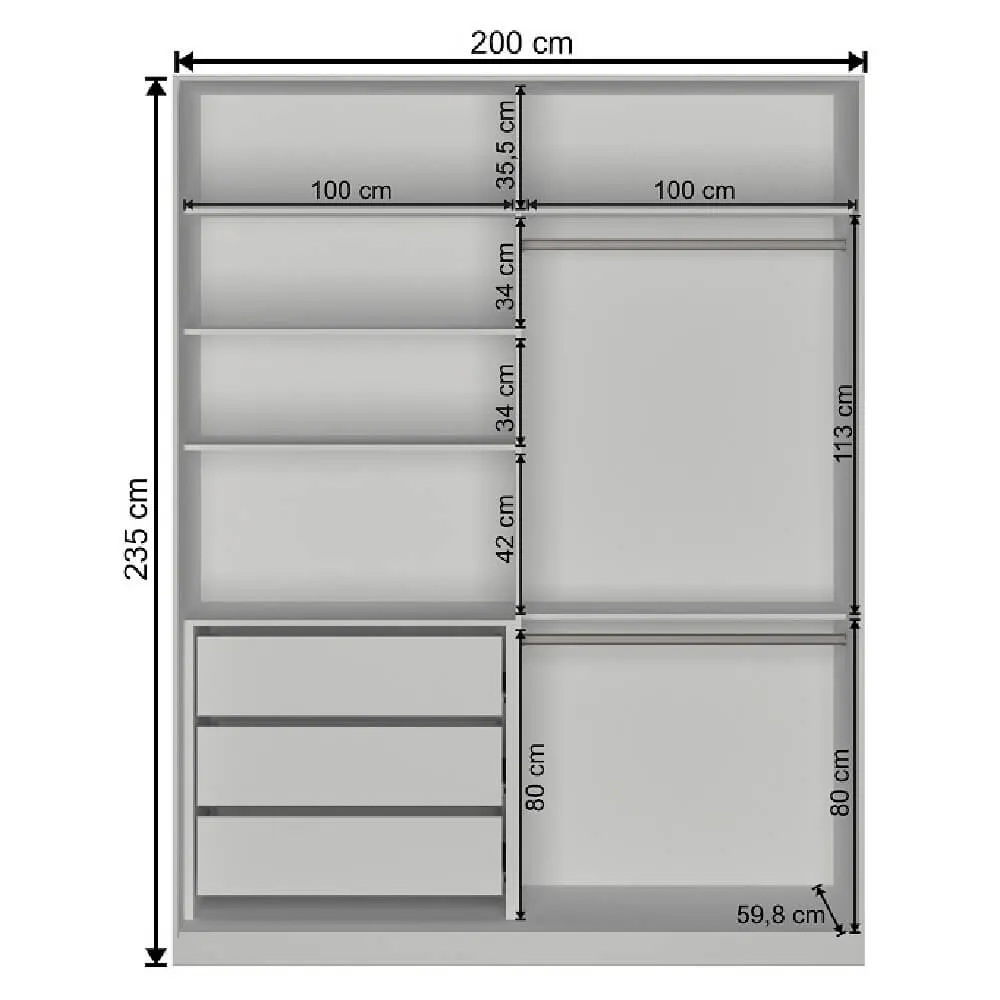 Guarda Roupa 2 Portas de Correr Nova Mobile RC2006.23.23.1E com 3 Gavetas Branco SE