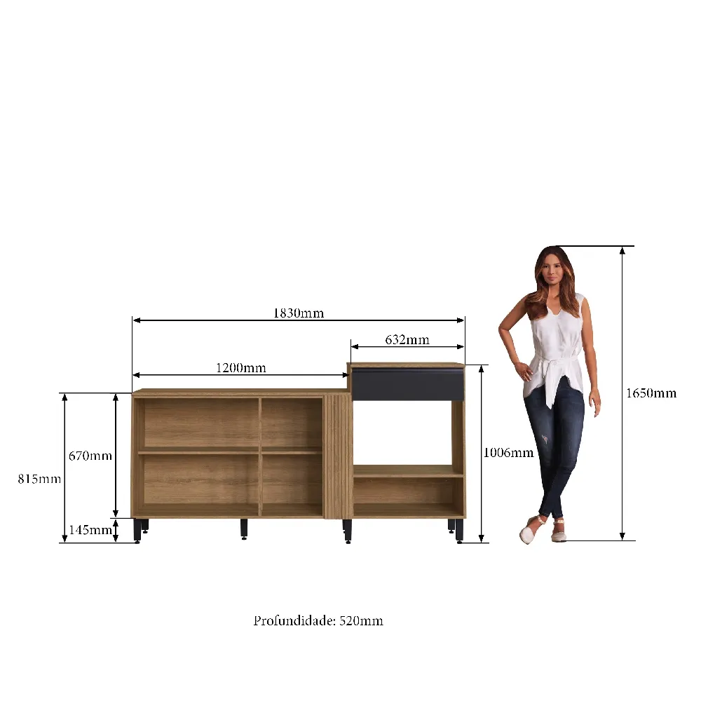 Balcão de Pia 183cm Delmarco com 4 Portas e 1 Gaveta Laura LA1180 Mel/Preto SE