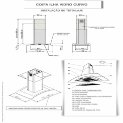 Coifa de Ilha 75cm Vidro Curvo 3 Velocidades Nardelli 50011425 Inox SE