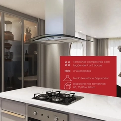 Coifa de Ilha 90cm Vidro Curvo 3 Velocidades Nardelli 50011410 Inox SE