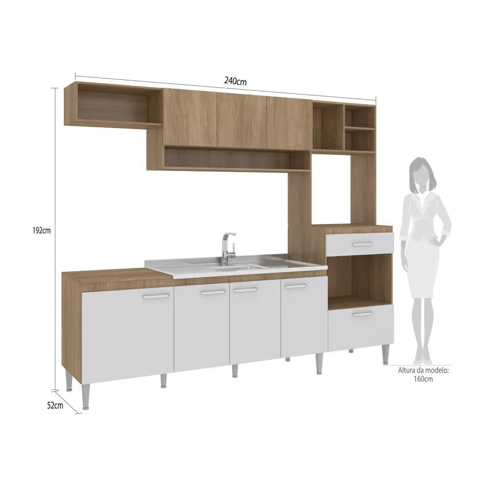 Cozinha Compacta Fellicci Inova 8 Portas CC120 Carvalho/Branco SE