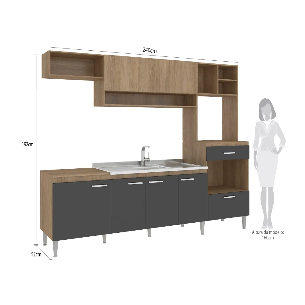 Cozinha Compacta Fellicci Inova 8 Portas CC120 Carvalho/Grafite