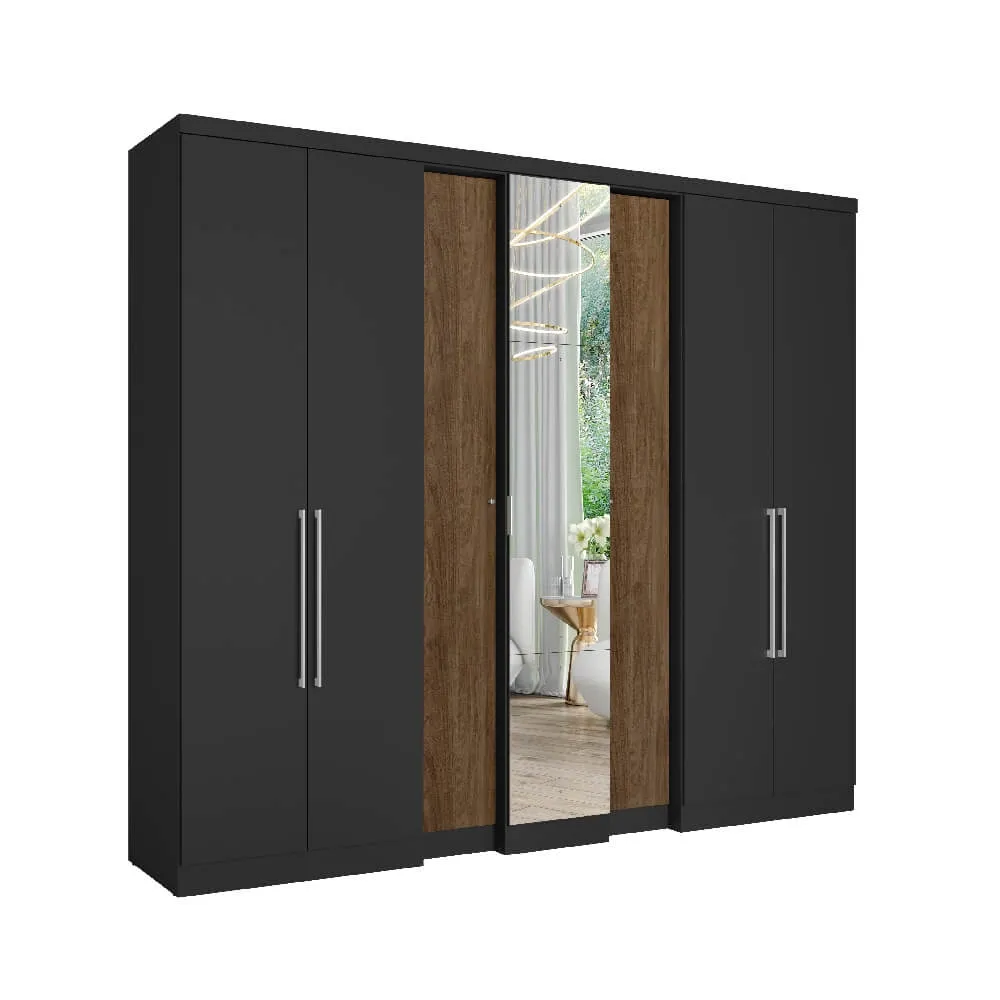 Guarda-Roupa 6 Portas THB Selecto 5728 com Espelho 4 Gavetas Preto/Carvalho SE