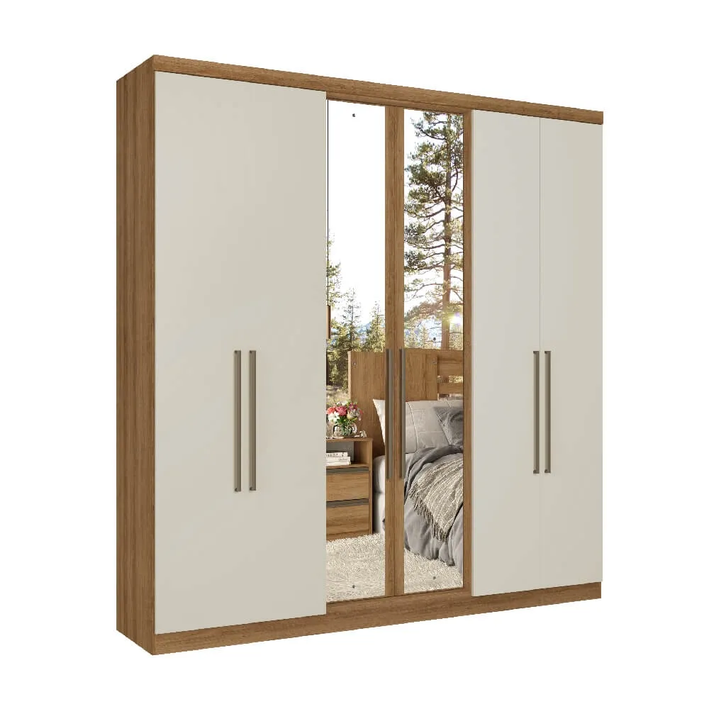 Guarda-Roupa 6 Portas THB Presence 5730 com Espelho 2 Gavetas Almendra/Off White