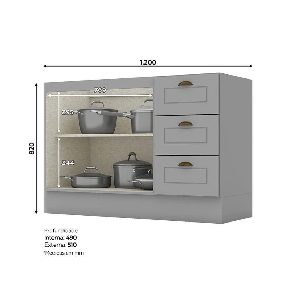 Balcão 120CM Henn 2 Portas 3 Gavetas Americana C353-131 Cinza SE