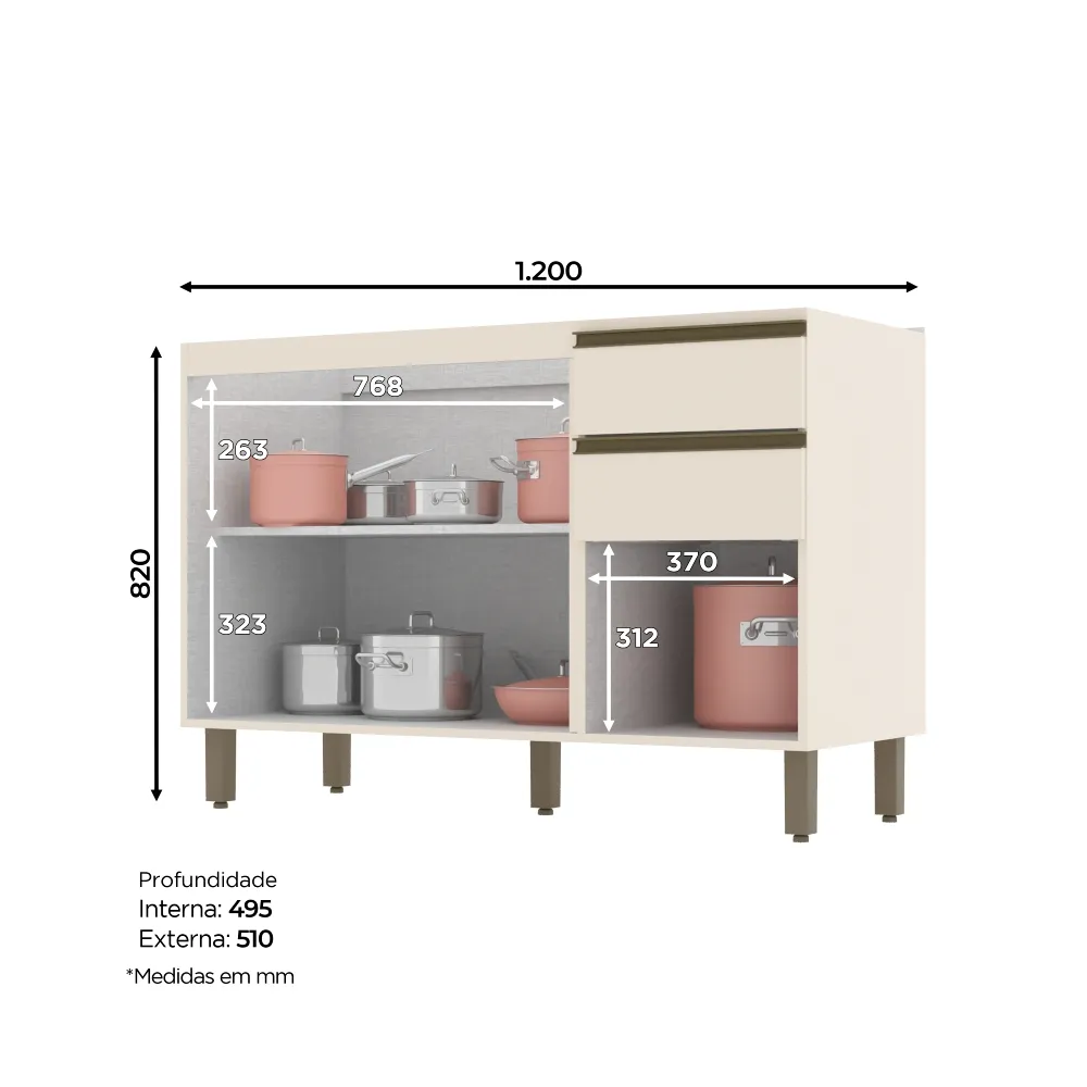 Balcão 120CM Henn 3 Portas 2 Gavetas Connect C66-139 Off White SE