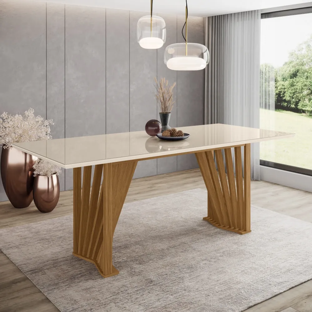 Mesa de Jantar 6 Lugares Henn Adriana SC45-127 Tampo de Vidro Nature/Off White SE