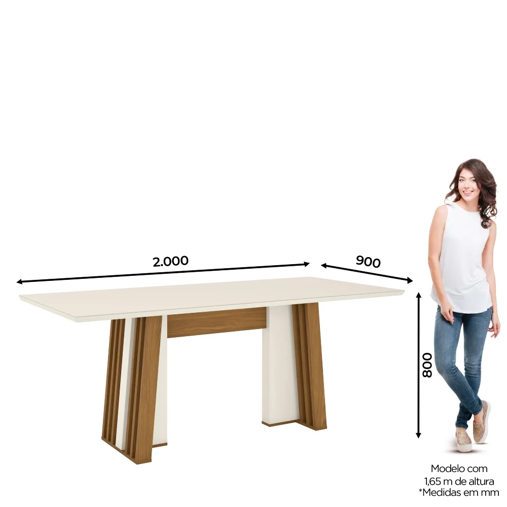 Mesa de Jantar 6 Lugares Henn Stela SC55-129 Tampo de Vidro Off White/Nature SE