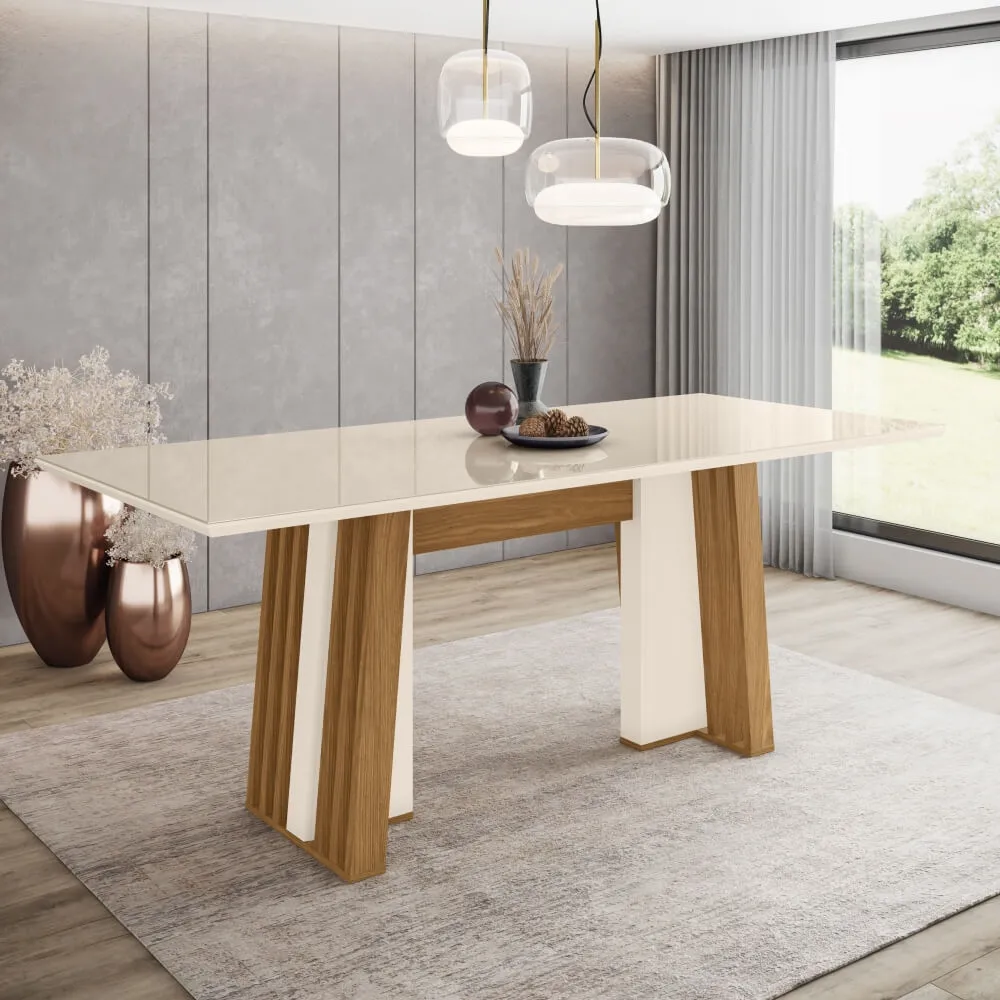 Mesa de Jantar 6 Lugares Henn Stela SC55-129 Tampo de Vidro Off White/Nature SE