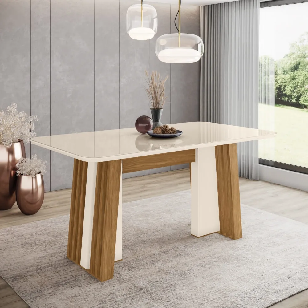 Mesa de Jantar 6 Lugares Henn Stela SC58-129 Tampo de Vidro Off White/Nature SE