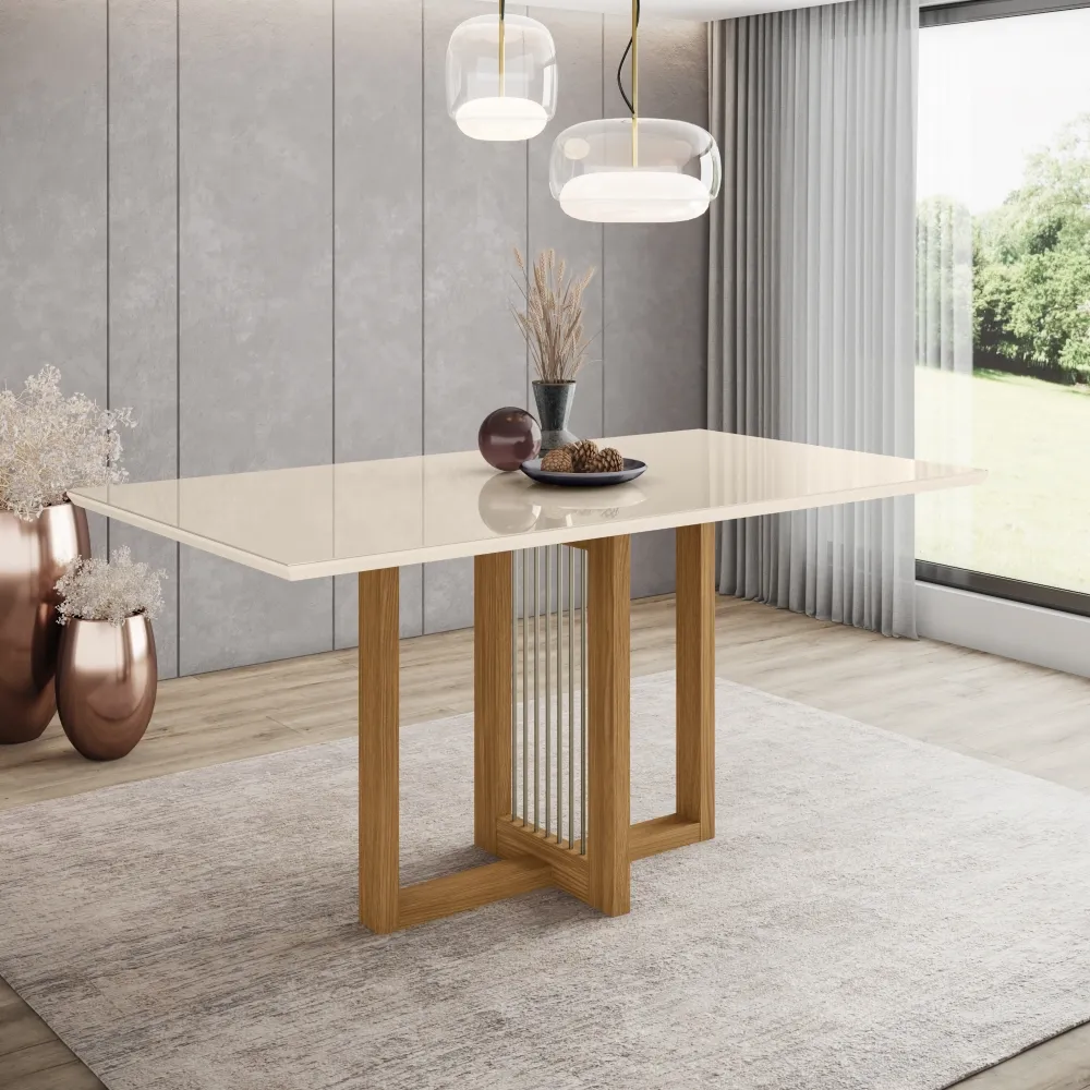 Mesa de Jantar 6 Lugares Henn Natalí SC70-127 Tampo de Vidro Nature/Off White SE