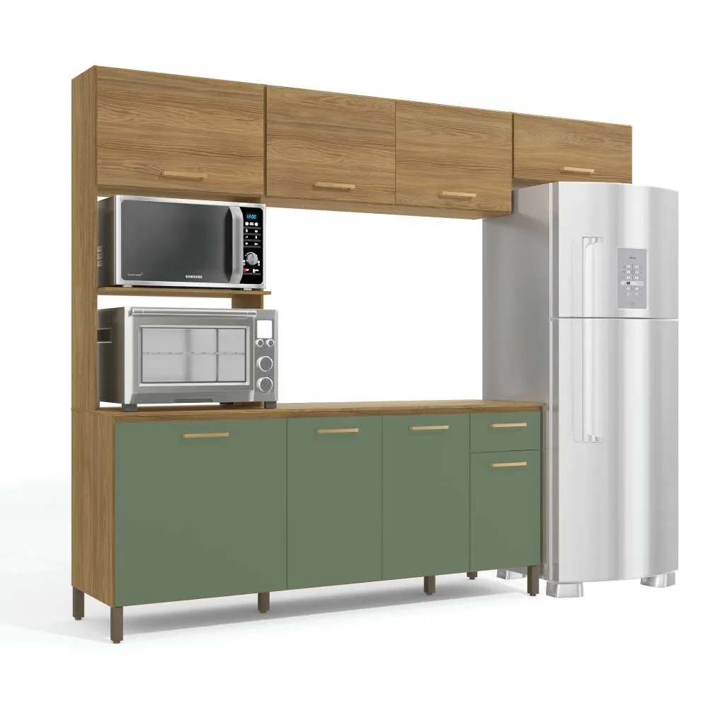 Cozinha Compacta + Tampo Kappesberg 8 Portas 1 Gaveta CB812-NGVE Nogueira/Verde Oliva SE