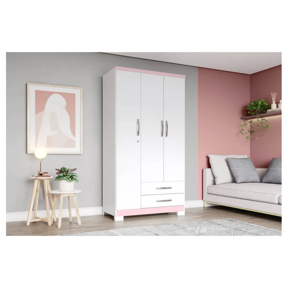 Guarda-Roupa 3 Portas Henn Açaí DA133-66 2 Gavetas Branco/Rosa Chá SE