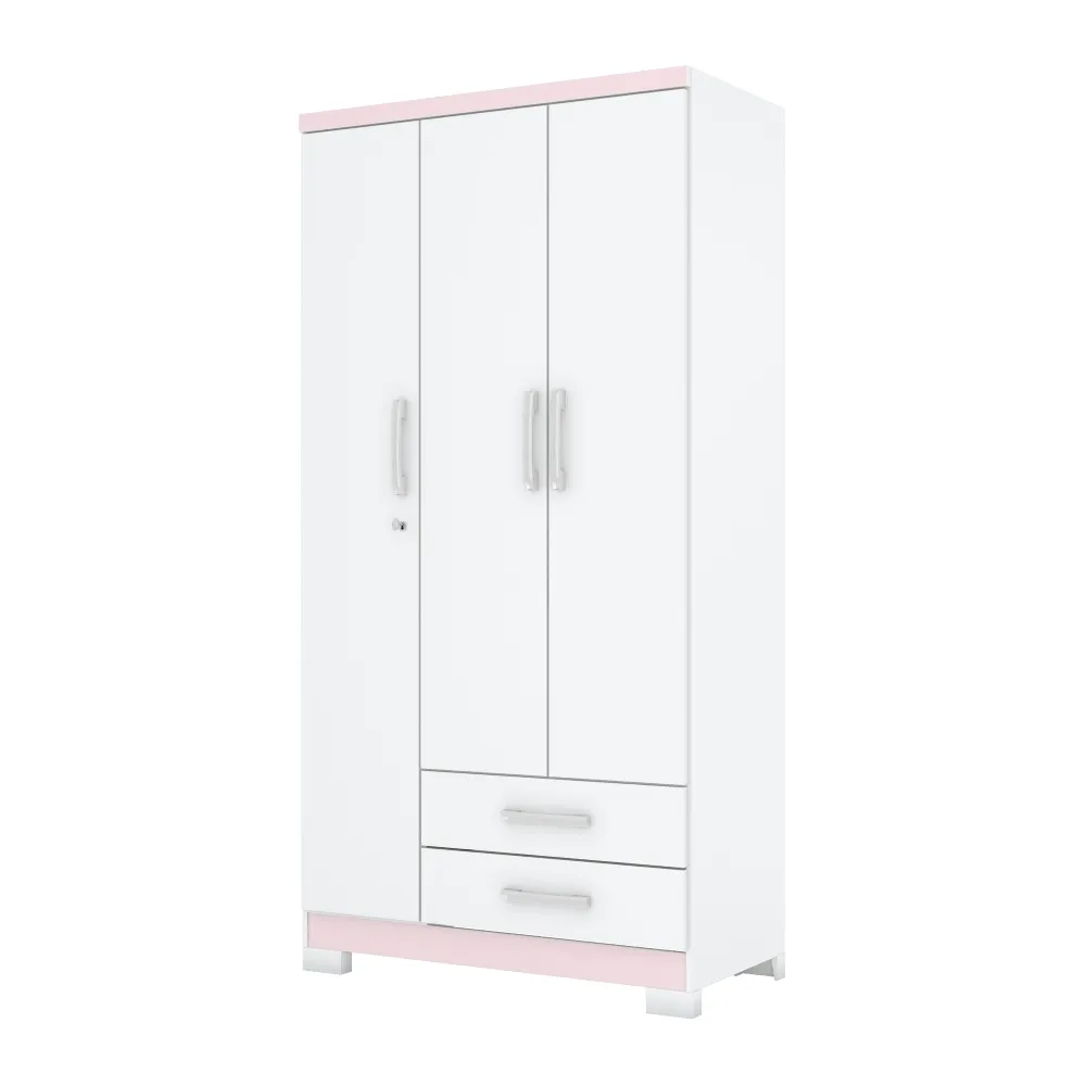 Guarda-Roupa 3 Portas Henn Açaí DA133-66 2 Gavetas Branco/Rosa Chá SE