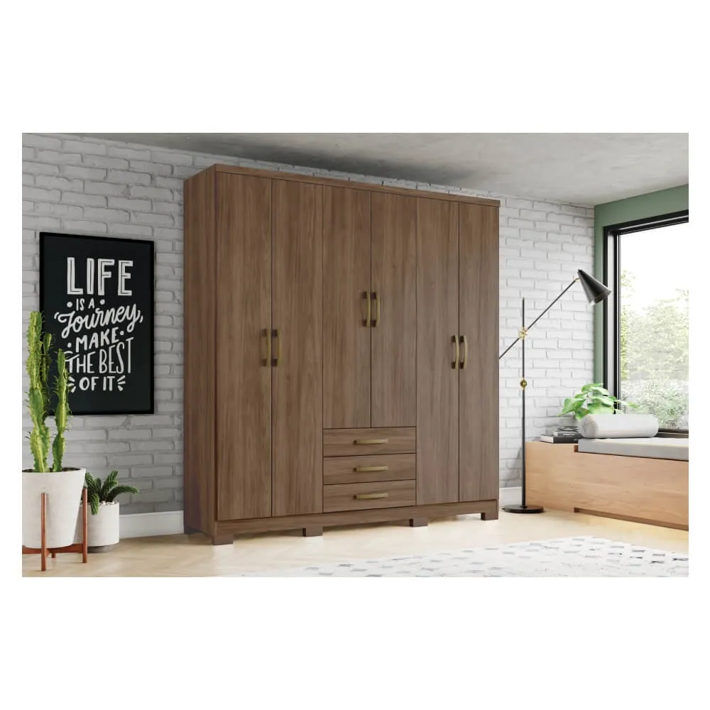 Guarda-Roupa 6 Portas Henn Caju DA136-130 3 Gavetas Castanho HP SE