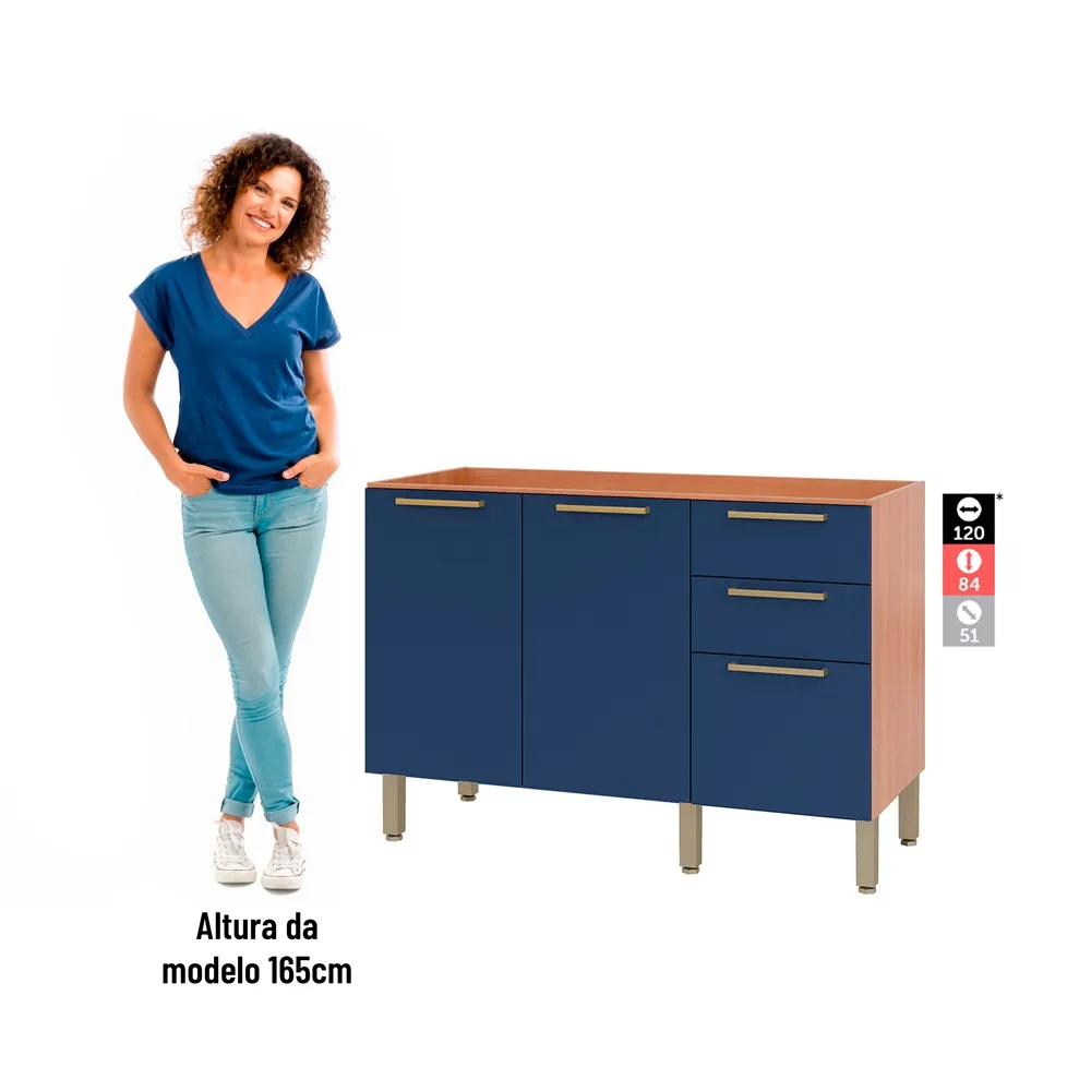 Balcão 120CM Telasul 2 Portas 3 Gavetas Salvia 908102 Freijó/Azul SE