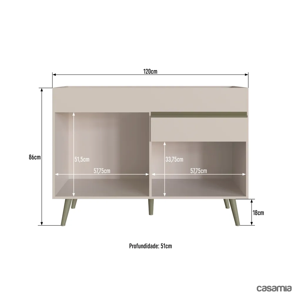 Balcão 120CM Casamia com 2 Portas 1 Gaveta One 37070003 Cinnamon SE