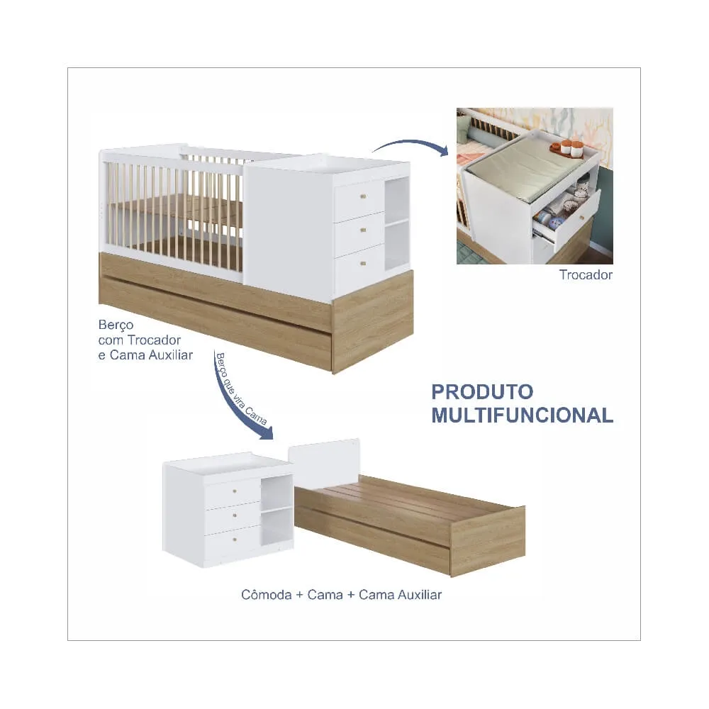 Berço Multifuncional Completa Móveis c/Cama Auxiliar BB023AVBC Aveiro OAK/Branco SE