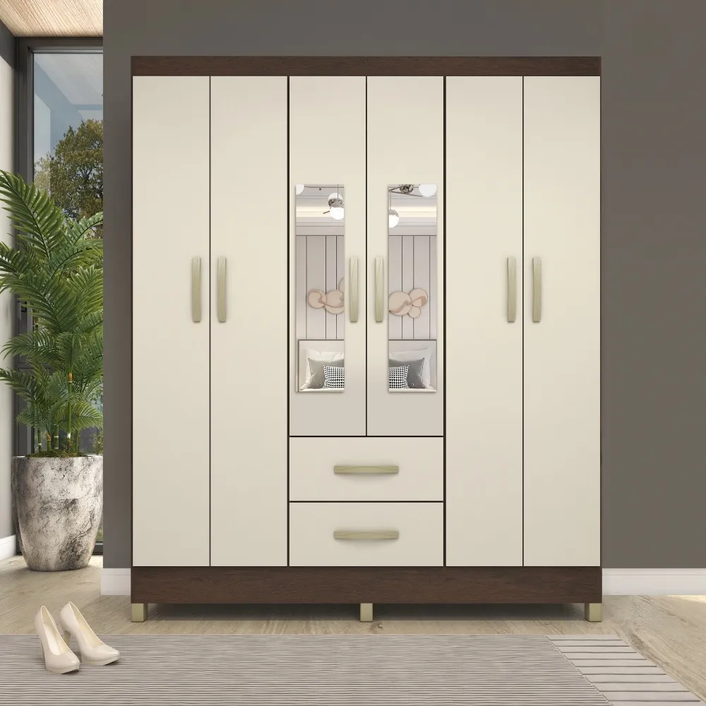 Guarda-Roupa 6 Portas Fellicci Milano RP162E 2 Gavetas c/Espelho Rustico/Champagne SE