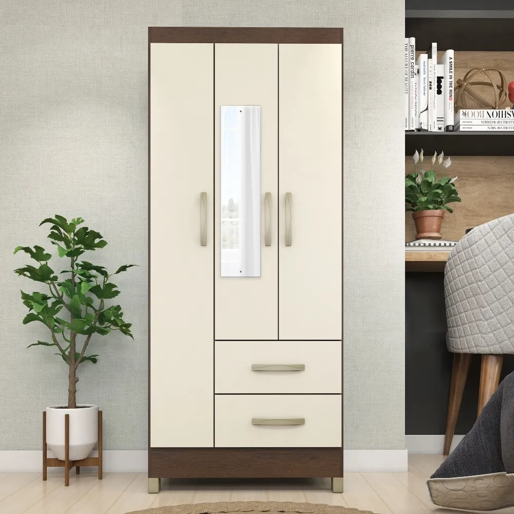 Guarda-Roupa 3 Portas Fellicci Mônaco RP132E 2 Gavetas c/Espelho Rustico/Champagne SE