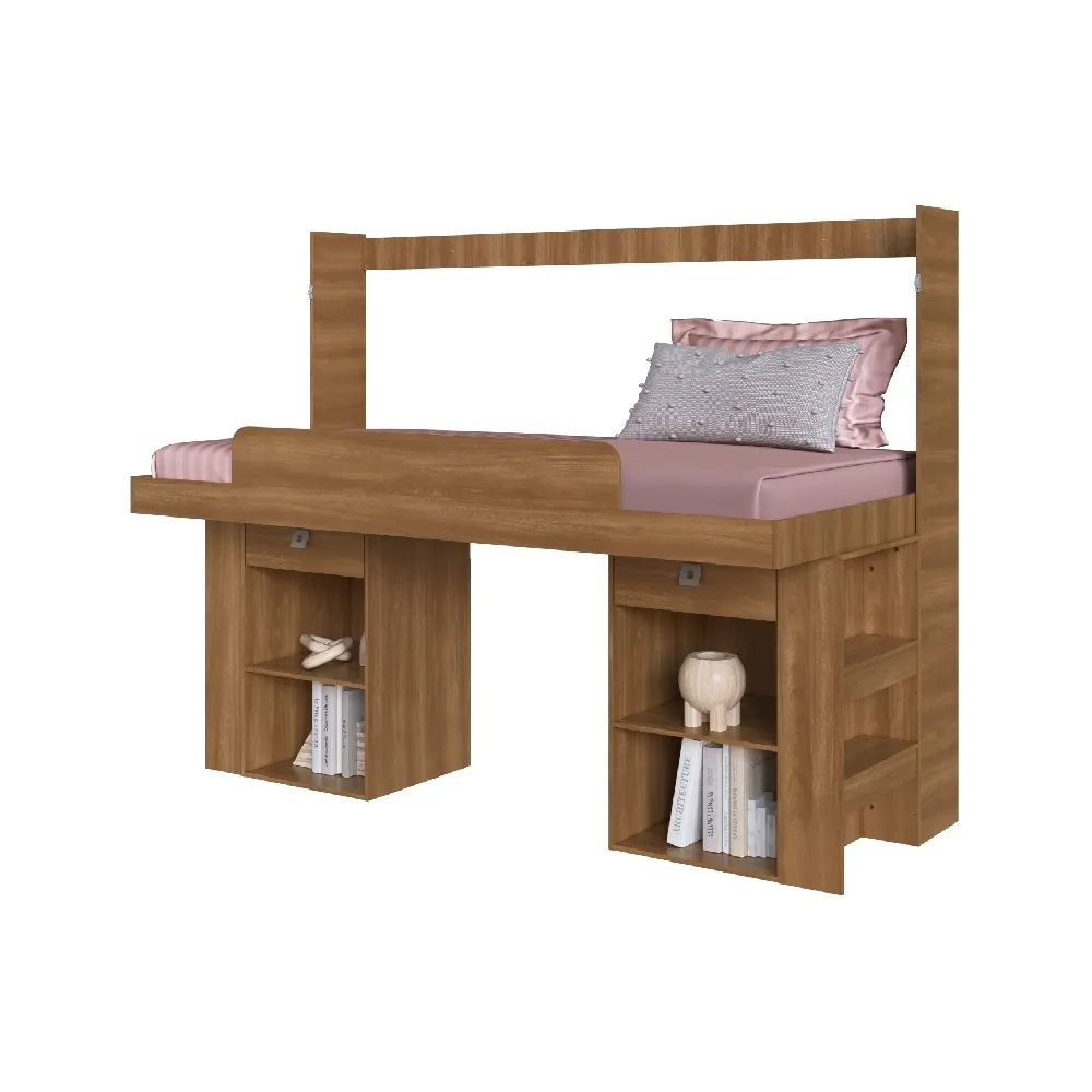 Cama Articulável Art In Móveis Horizontal Solteiro com Estação de Trabalho Latino CE095 Nogal SE