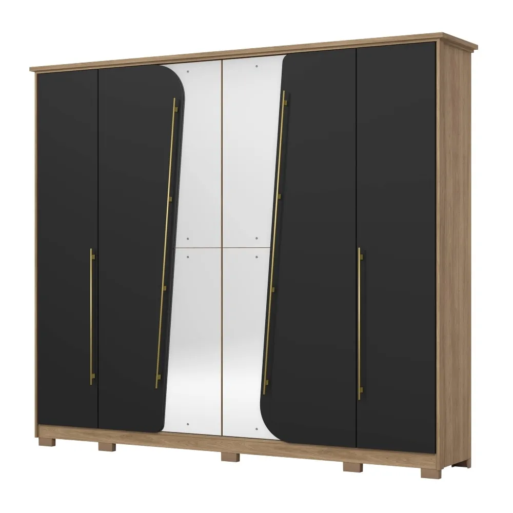 Guarda-Roupa 6 Portas Henn Dubai D322-208 6 Gavetas com Espelho Jequitiba/Preto HP