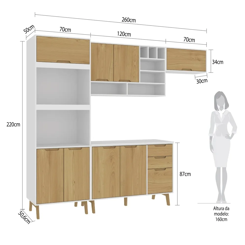 Cozinha Modulada Fellicci 8 Portas e 3 Gavetas Wood CW04CT-BR/WD Branco/Wood SE