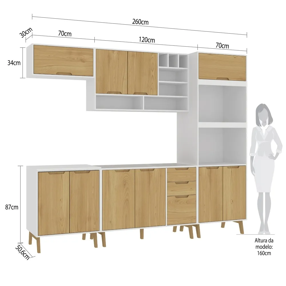 Cozinha Modulada Fellicci 10 Portas e 3 Gavetas Wood CW03ST-BR/WD Branco/Wood SE