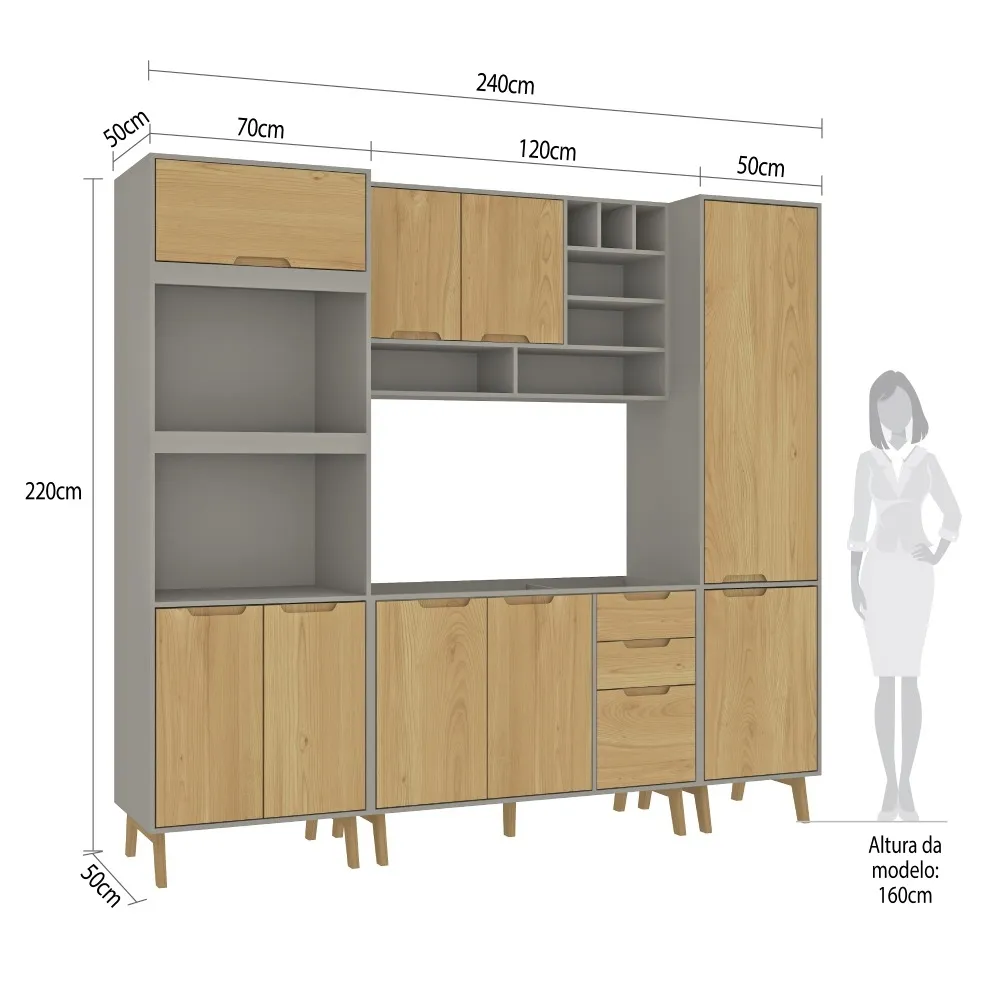 Cozinha Modulada Fellicci 9 Portas e 3 Gavetas Wood CW02ST-CZ/WD Cinza/Wood SE