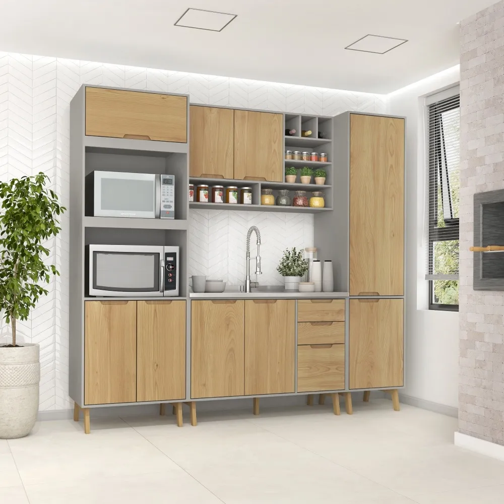 Cozinha Modulada Fellicci 9 Portas e 3 Gavetas Wood CW02ST-CZ/WD Cinza/Wood SE