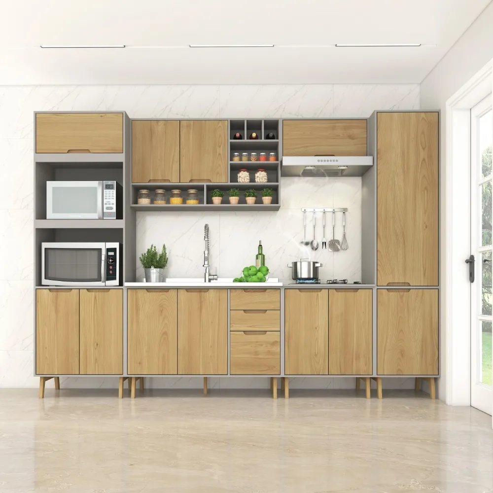 Cozinha Modulada Fellicci 12 Portas e 3 Gavetas Wood CW01ST-CZ/WD Cinza/Wood SE