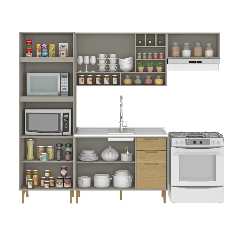 Cozinha Modulada Fellicci 8 Portas e 3 Gavetas Wood 04 CW04ST-CZ/WD Cinza/Wood SE