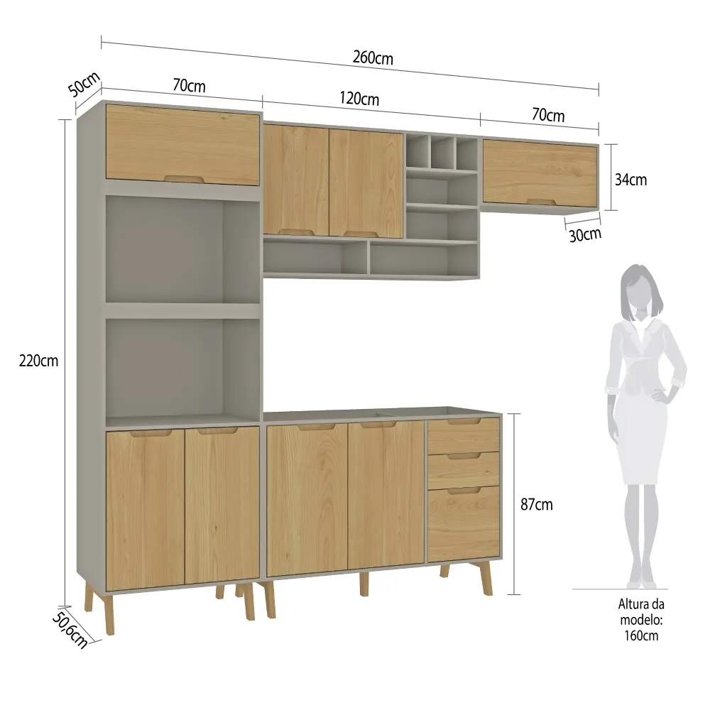 Cozinha Modulada Fellicci 8 Portas e 3 Gavetas Wood 04 CW04ST-CZ/WD Cinza/Wood SE