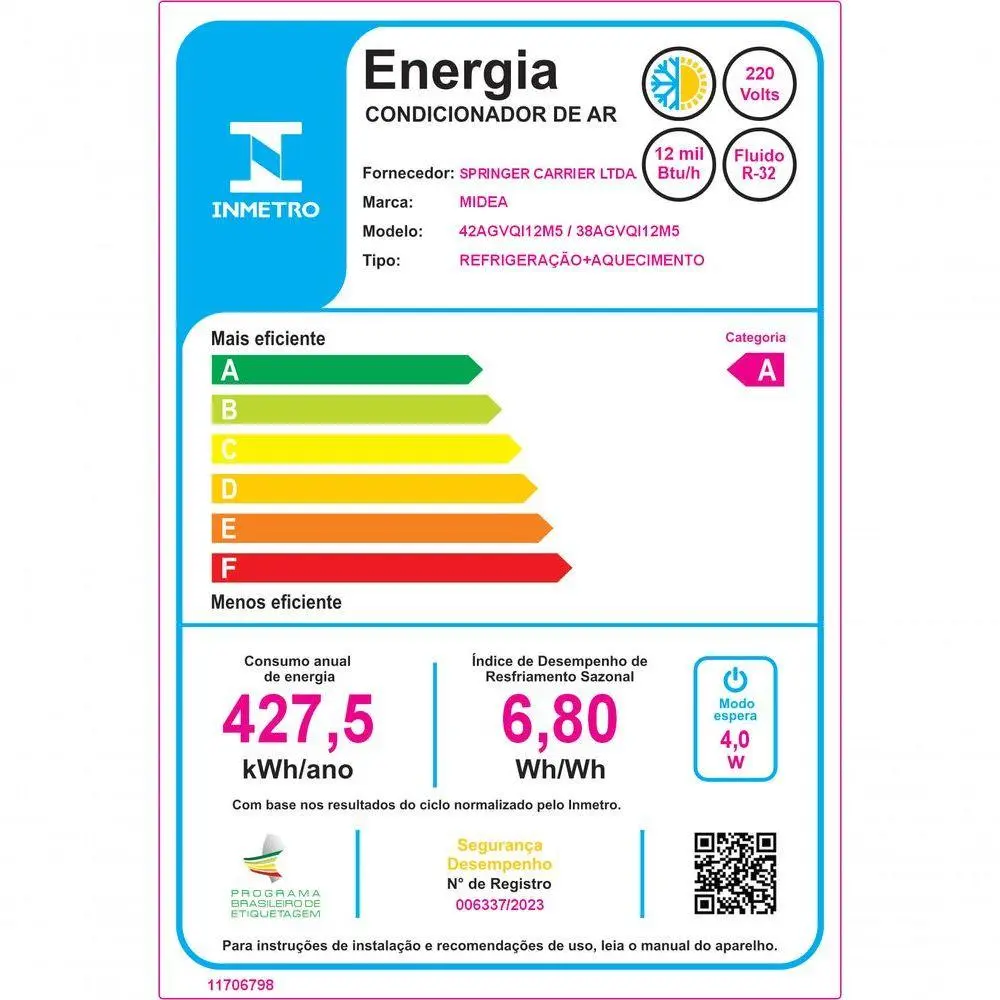 Ar Condicionado Split Inverter Springer Midea Xtreme Save Connect 12000 BTUs Quente/Frio 220V 38AGVQI12M5